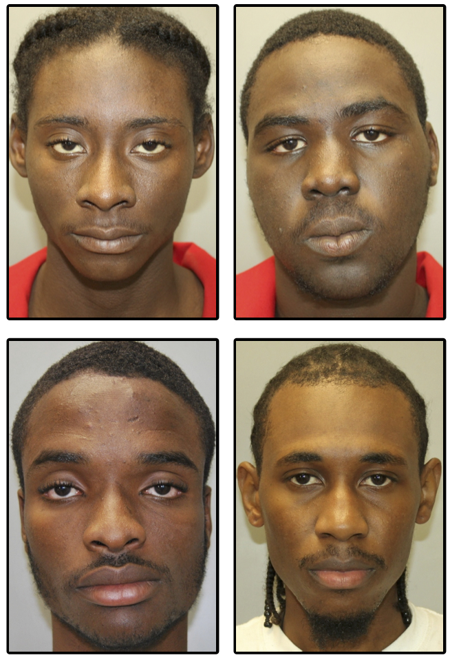 The four men arrested are, clockwise from upper left, Warkim Gabriel,  Shaquim Fredericks, Chefton Newton and Alvin Thomas, along with two minor males whose names have not been released.