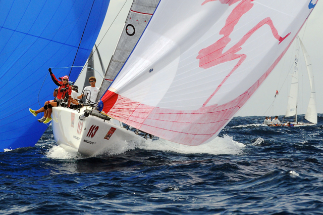 Puerto Rico's Soca sails downwind into Charlotte Amalie harbor in the 2014 St. Thomas Regatta. (Dean Barnes photo)