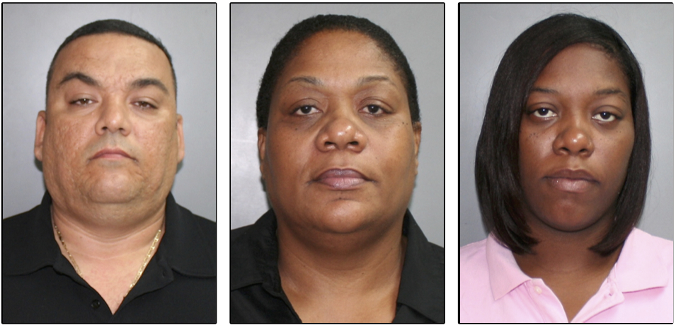 Police mug shots of, from left, Freddie Ortiz, Lesley Hatchett and Elisa Carmona.