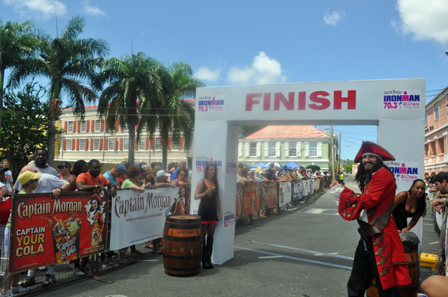 Captain Morgan, the iconic spokesman for Diageo, joins the crowd waiting to greet the winner at the finish line.