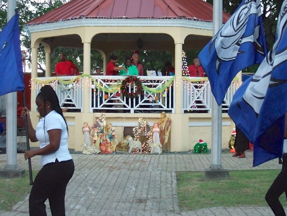 The St. Croix Educational Complex band marches past the gazebo as part of the Christmas Lighting celebration.