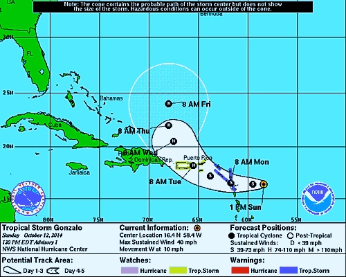 NOAA map shows projected path of Gustavo. Click on map for larger view.