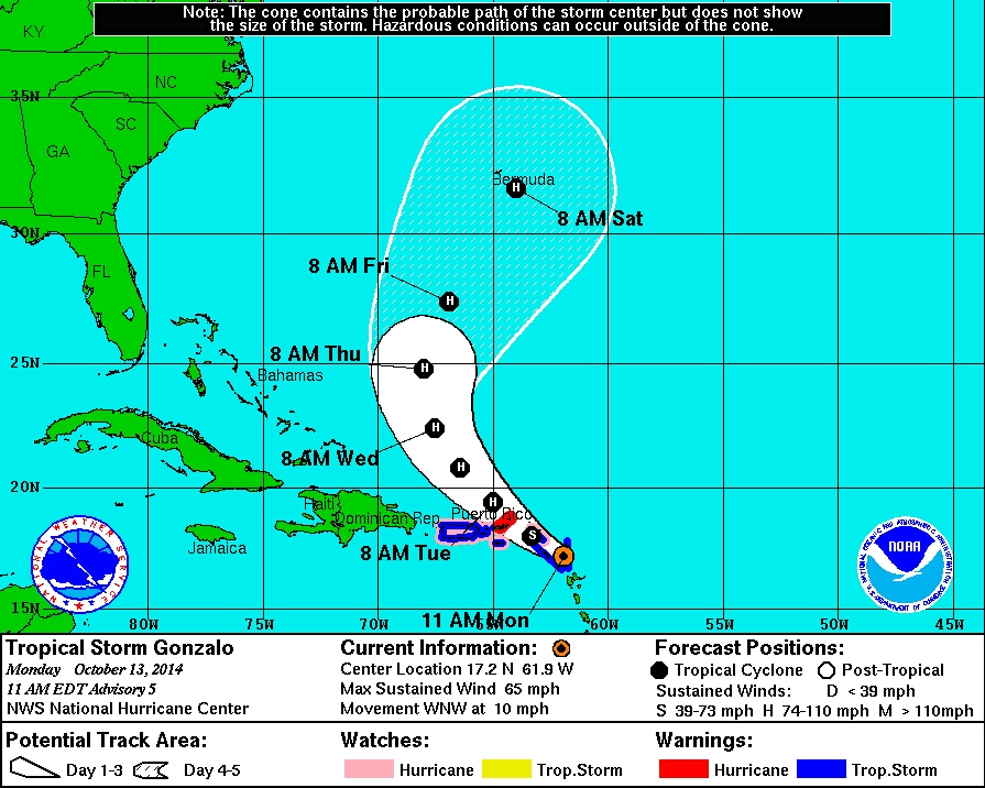 NOAA map shows Gonzalo's projected course. Click map for larger view.