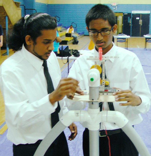 Narendra Balkaran, left, and Idrees Donaie, winners of VI Energy Office Kid Wind competition. (Photo by Don Buchanan.)