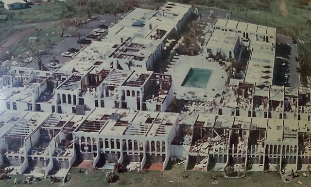 Questa Verde condominiums lie in ruins after Hugo finally passed over. The aerial photo was part of a display at the St. George Village Botanical Gardens.