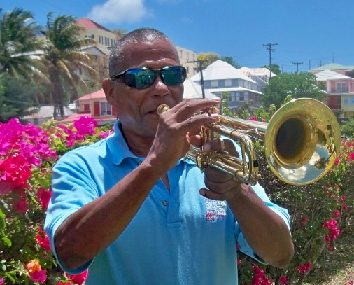 Eddie Russell blows a sweet sound on his trumpet in Christiansted.