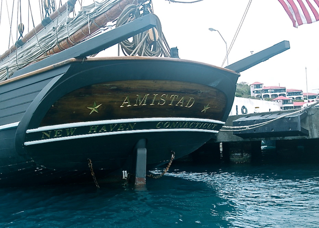 The stern of Amistad, a replica of the historic 19th century schooner, in Gallows Bay. (Opal Palmer Adisa photo)