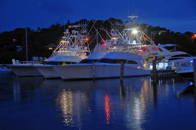 Some of the fishing fleet at night at IGY’s American Yacht Harbor Marina. (Dean Barnes photo)