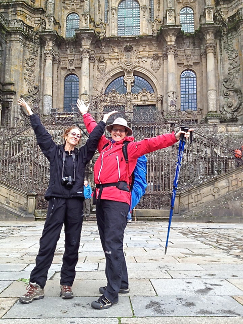 Tina Henle, left, and Tanja McPherson at the end of the pilgrimage at Cathedral of Santiago de Compostela in Spain. 