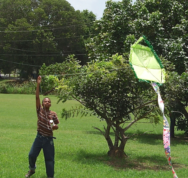 Kymani Willie, 10, flies the kite he made at the VIenergize vendor's fair Saturday.