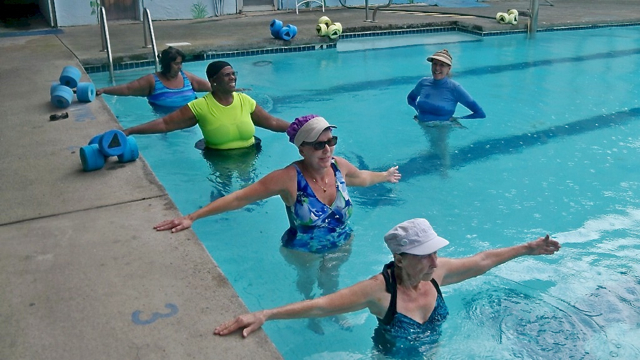 From left, Kamela Santos, Beulah Lateef, Priscilla Schneider, Charleen Beck and Poolates instructor Sonja Dickerson, in back.