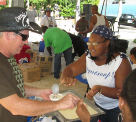 Fiona Stokes (right) serving up some award-winning seafood chowder.