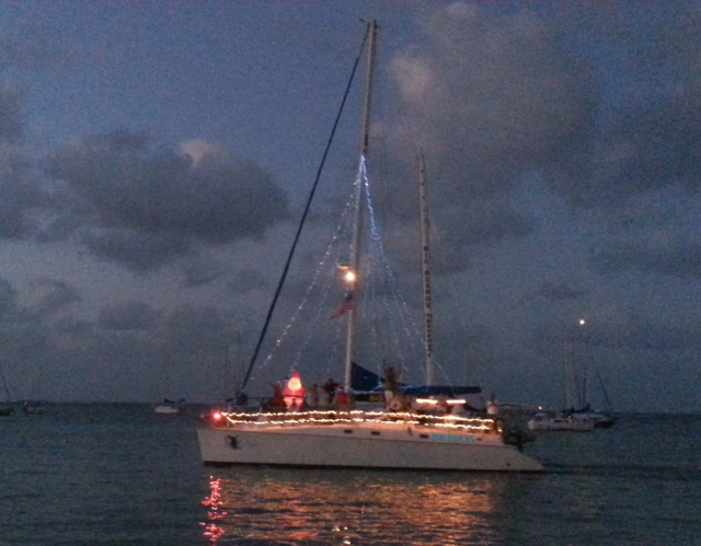 This catamaran is a floating holiday display, part of the annual Christmas Boat Parade.