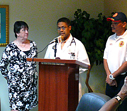 AED Fund Director Cher Will (from left), Dr. Michael Potts and St. Croix Fire Chief Angel Torres at Gov. Juan F. Luis Hospital Friday.