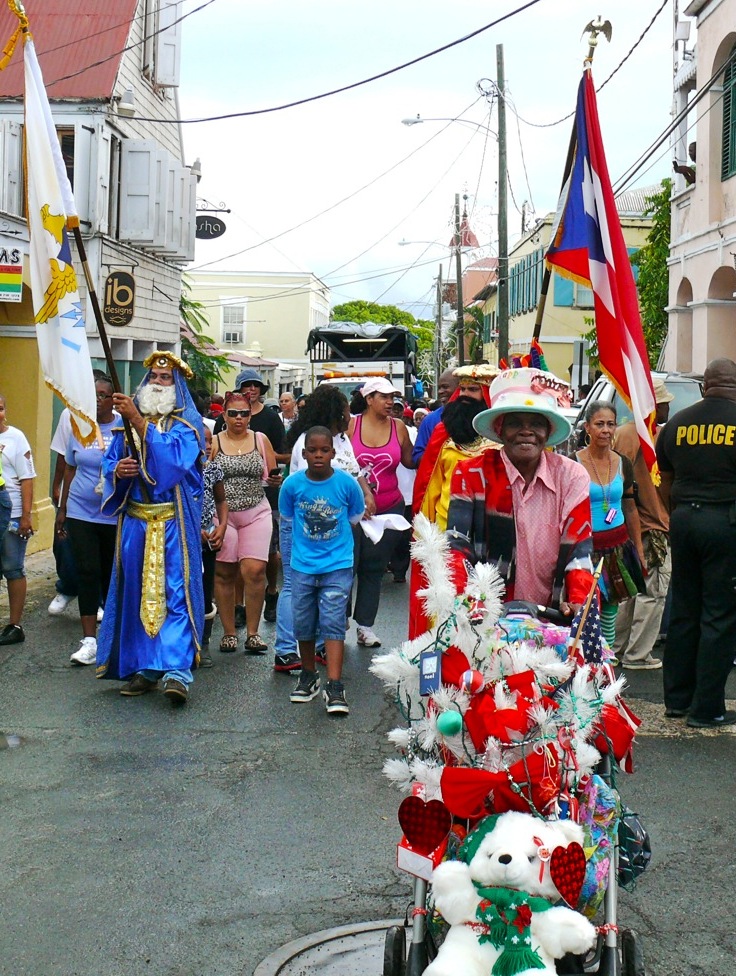 Two kings and Judith Gumbs head the Three Kings Day Tramp through Christiansted (Bill Kossler photo).