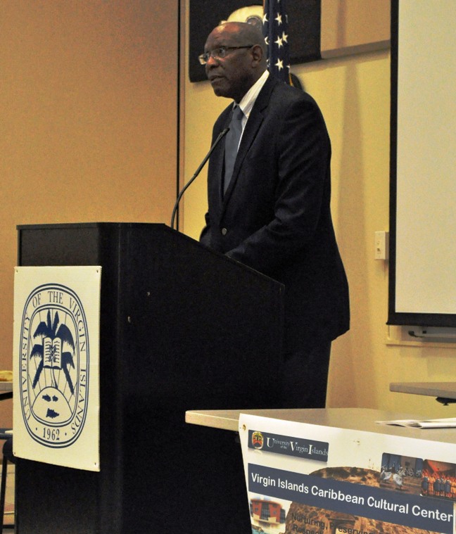  UVI President David Hall speaks at Wednesday’s official launch of the Virgin Islands Caribbean Culture Center (Jamie Ward photo).