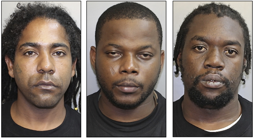 Police on Sunday arrested, from left, Rusiel Encarnacion, Francisco Hassell and Edwin Hendrickson.