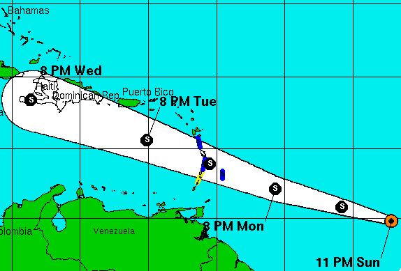 National Hurricane Center map shows Tropical Storm Chantal passing south of the territory late Tuesday.