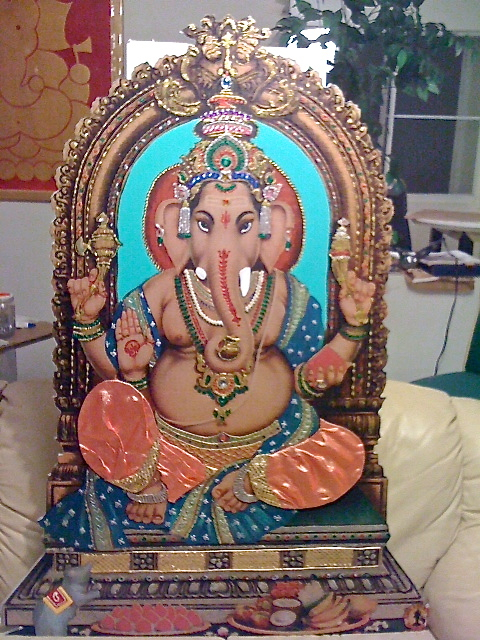 Renderings of Lord Ganesha, on the floor and on the wall to the left. (Photo provided by Kavita Dadlani)