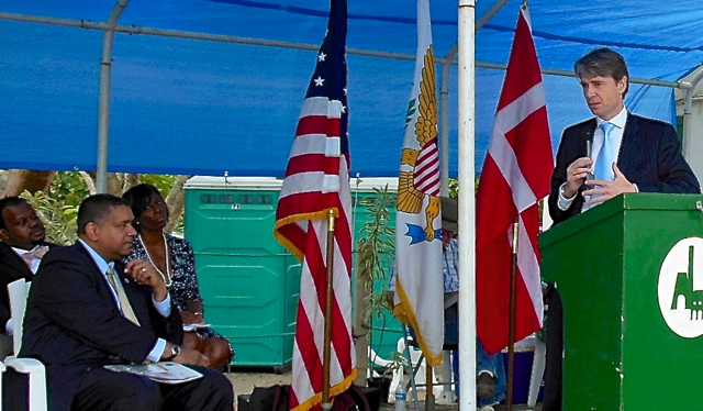 Danish Consul General Jarl Frijs-Madsen and Gov. John deJongh Jr. at Transfer Day ceremonies on St. Croix.