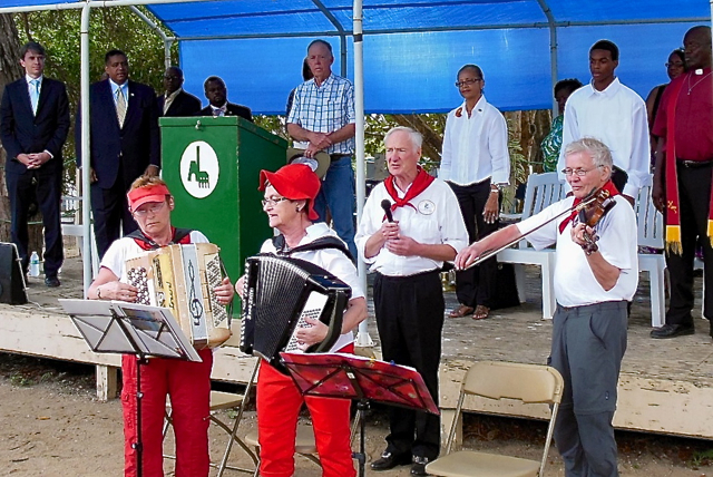 Danish Rosendal Folkedansere members Knud Larsen, Rita Jacque, Ruth Heder and Ole Sunksen perform at Saturday's ceremony.