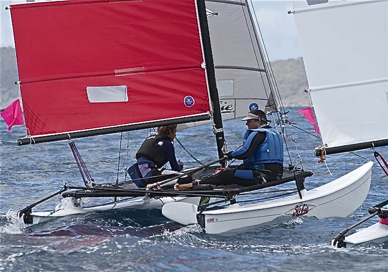 St. Thomas father and son team John and Kai Holmberg sail Humbug to victory in the Beach Cat class. (Rolex/Ingrid Abery photo)