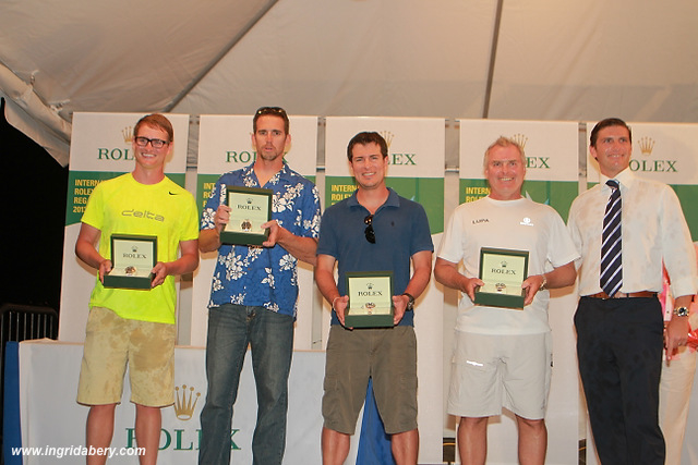  Dalton DeVos, owner of Delta, Richard Wesslund, representing El Ocaso, Robbie Ramos, tactician of Orion, Jeremy Pilkington, owner of Lupa of London hold the Rolexes awarded to them by Alexandre Tabary-Devisme, director of Rolex Caribbean. (Rolex/Ingrid Abery photo)
