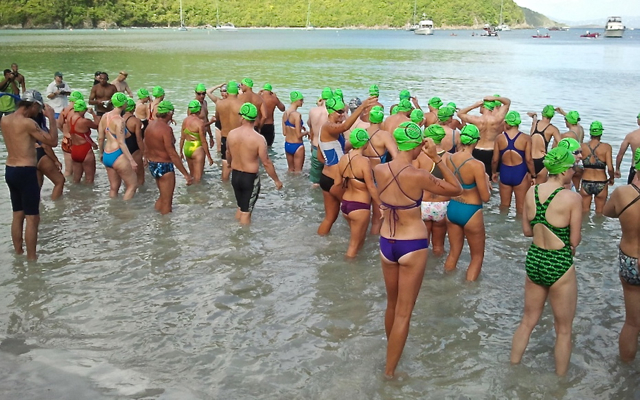 Swimmers step into the water to begin the race.