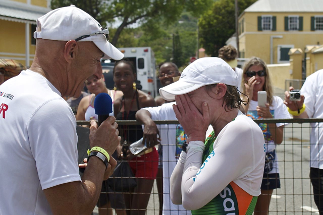 Women's winner Catriona Morrison breaks into tears during her post race interview. She dedicated the win to her recently deceased father.