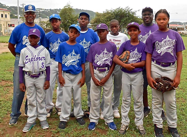 The Explorers, front row from left, Nykebo Warner, Lester Skeck Jr., Dwayne Maduro, Jaeden Allen and Janiya Victor; top row from left, Coach Hainsley Hewitt, Najer Victor, Julio Illidge, Me'Koi Malone and president Michael Bute. 