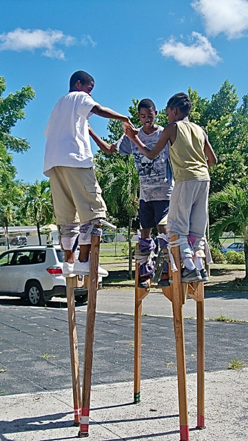 Khaleed Parris, left, Rakeem Samuel and Amari Sewer, beginner moko jumbies.