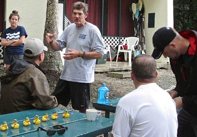 Team River Runner Director Joe Mornini talks about leadership attributes to the veterans gathered at Cinnamon Bay Campground.