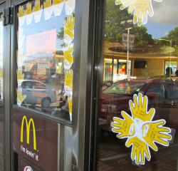 McHappy Day paper hands from donors at Villa La Reine McDonalds.