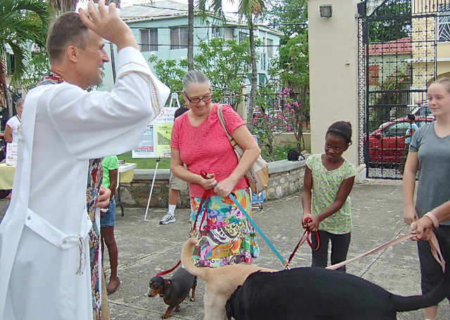 The Rev. John Juszczak blesses pets, while below him a pair of dogs do what dogs do.