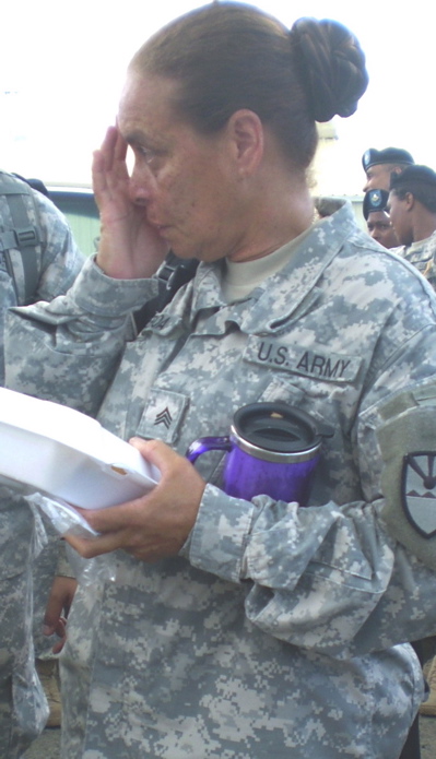 Sgt. Carmen Figueroa crying but ready to roll.