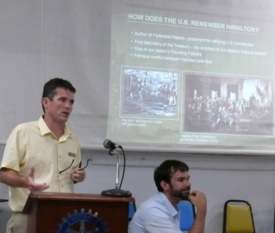 National Park Service branch chief Patrick Kenney speaks about Alexander Hamilton at a town meeting in Frederiksted. To his right is Tom Gribney, a planner with the Park Service.