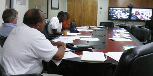 From left, WAPA board members Gerald Groner, St. Claire Williams, Kenneth Hermon and WAPA CFO Nellon Bowery on St. Croix, teleconference with their counterparts on St. Thomas Monday.