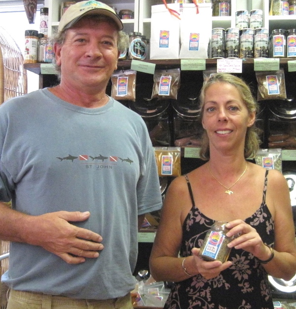 Ron Piccinin and Ruth Ernst hold a jar of prize-winning Cruz Bay Grill Rub.