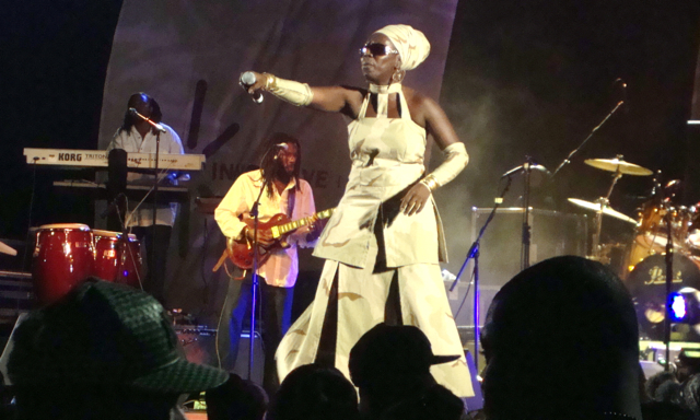 St. Croix reggae singer Mada Nile commands the stage Saturday at the Tempo Turns 4 concert. (Tori Baur photo)