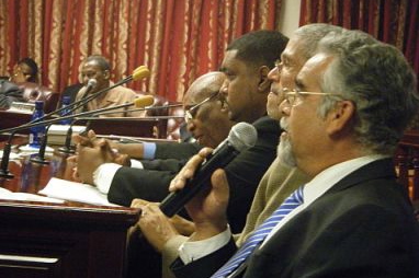 From left, former Sens. Liston Davis, Juan Figueroa-Serville, Ronald Russell and James Weber III, said Tuesday that they voted for road repairs and not security enhancements to the governor's home.