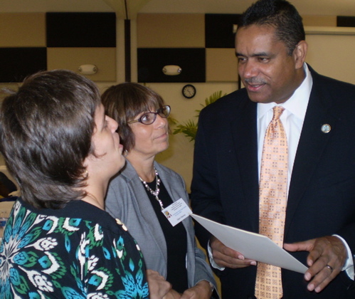 From left, Nina Garcia and Gerri Hanna talk with Gov. John deJongh Jr. at the 'Voices That Count' forum on St. Croix.