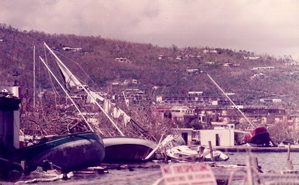 Boats driven ashore by the force of Hurricane Hugo's winds litter the battered coastline of St. Croix. Photo courtesy of Sunlight beams through a roof that has blown off a St. Croix home. Photo courtesy of Chenzira Kahina.