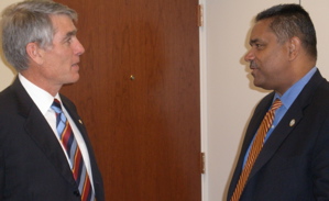 Sen. Mark Udall, left, meets with V.I. Gov. John deJongh Jr.