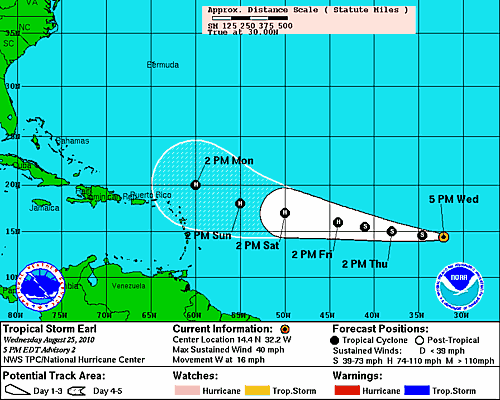 The potential track for Tropical Storm Earl (Illustration courtesy of National Hurricane Center).