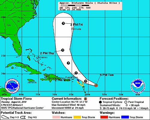 The projected storm track for Tropical Storm Fiona. (Illlustration courtesy National Hurricane Center)