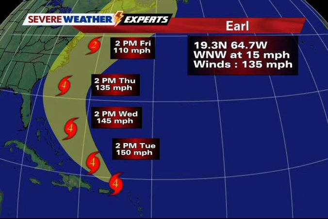 Hurricane Earl's 5 p.m. coordinates (Illustration Courtesy National Hurricane Center).