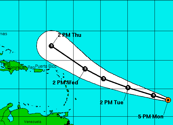 Forecast path of Tropical Depression 4; forecasters expect it to become Tropical Storm Colin. (NOAA image)