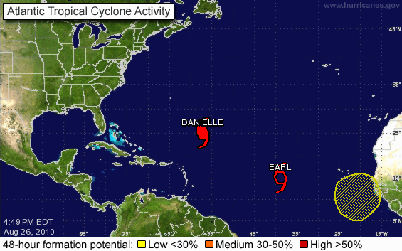 Pictured is Hurricane Danielle with Earl and an as-yet-unnamed storm forming west of Africa.