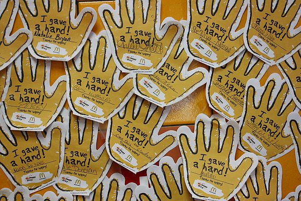 "McHappy Days" paper hands were on display at McDonald's restaurants.