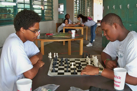 Conrad Jarvis (left) and Gary Papin playing chess.